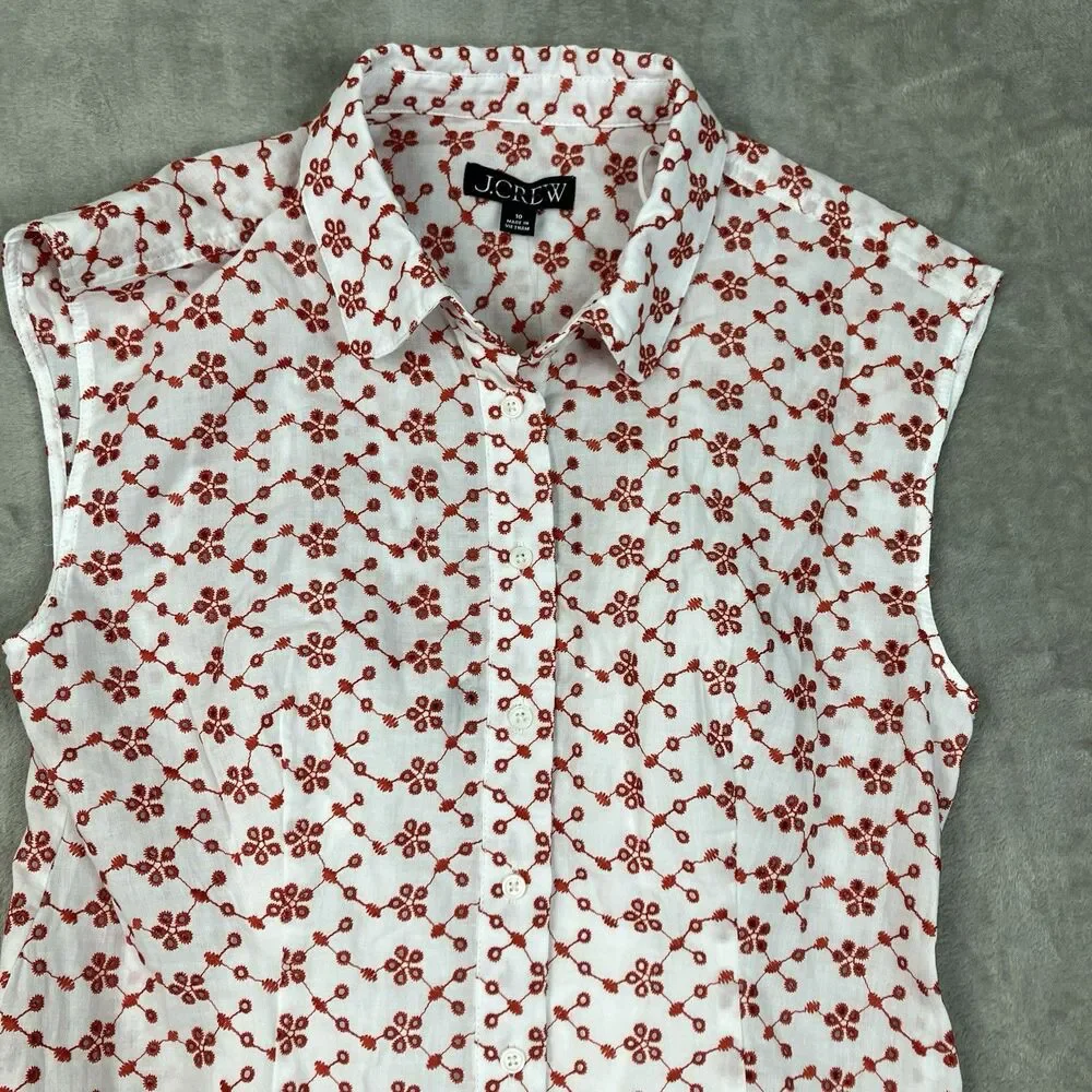 J Crew Eyelet Shirt Dress Womens 10 Red Mini Sleeveless Collared Feminine
